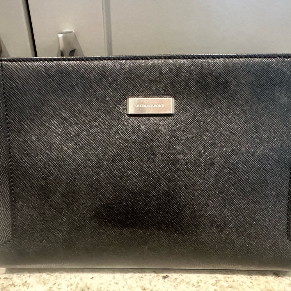 Burberry Black Textured Leather Zip Clutch with Metal Nameplate